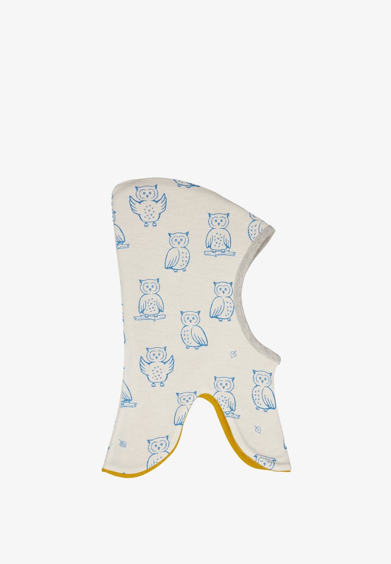 Kinderhooded nekwarmer in crème stof, met blauwe uilillustraties, grijze rand en gele accent aan de onderrand.
