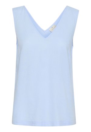 Top senza maniche di colore azzurro chiaro con scollatura a V. Realizzato in tessuto morbido, ha una vestibilità rilassata e linee semplici e pulite senza fantasie.