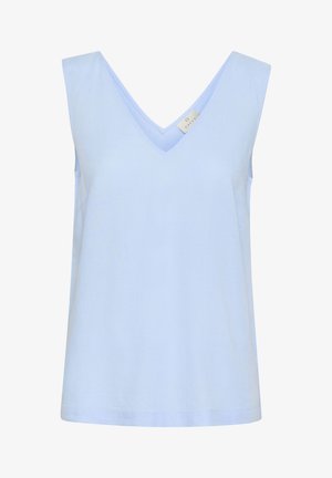 Haut sans manches bleu clair avec un décolleté en V. Fabriqué en tissu doux, il a une coupe décontractée et des lignes simples et épurées sans motifs.