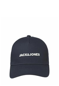 Navy baseball cap made of fabric, featuring a curved visor and white "JACK&JONES" logo on the front. Solid color with textured finish.