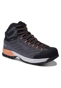 Gray hiking boot with black and orange accents. Features suede and mesh materials, textured surface, and durable rubber sole with traction.