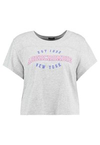 Graues Baumwoll-T-Shirt mit kurzen Ärmeln, mit dem Aufdruck "ABERCROMBIE NEW YORK" in Blau und Pink. Rundhalsdesign und lässige Passform.
