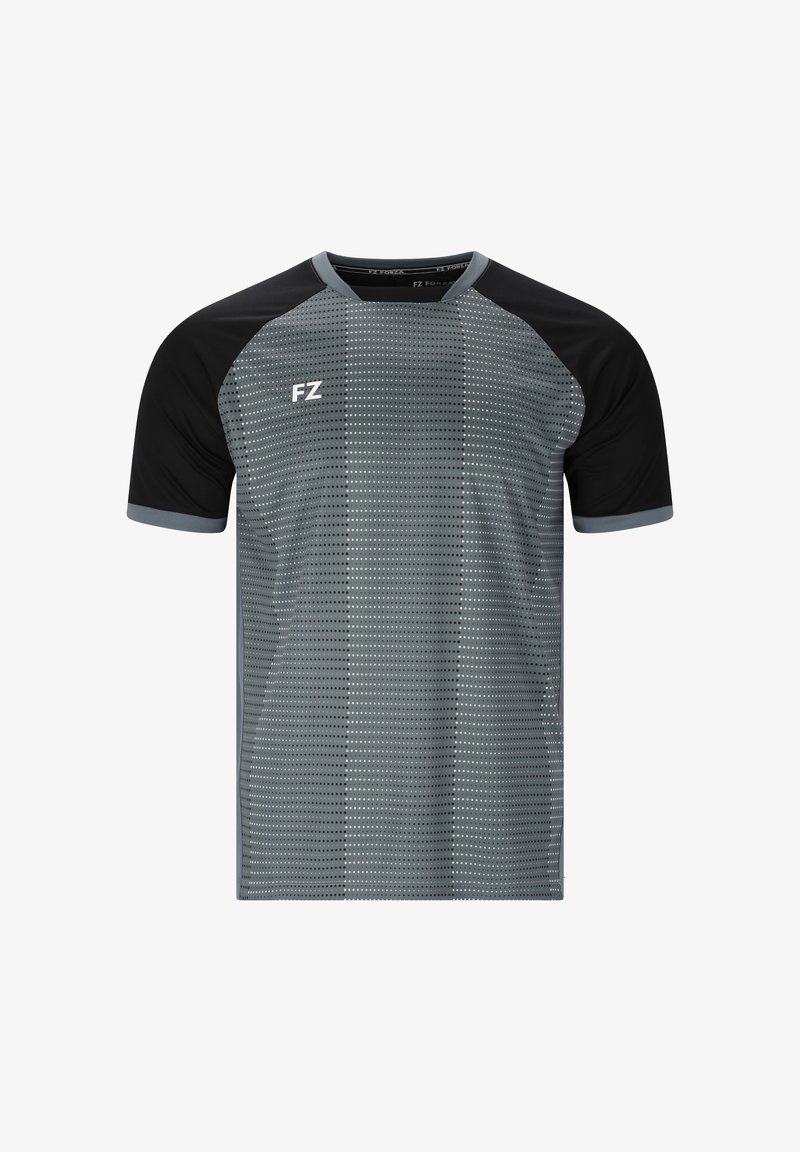 Grå sports T-shirt med sorte raglanærmer, prydet med et prikket mønster, rund hals og et lille hvidt logo på brystet.