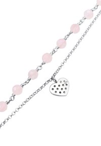 Silberne Kettenhalskette mit rosa Kristallperlen und einem herzförmigen Anhänger mit durchbohrten Löchern, gekennzeichnet mit "925" für Sterling Silber.
