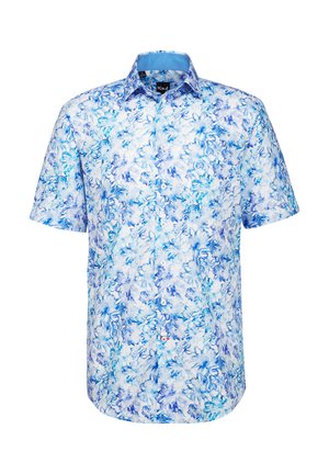 Camicia a maniche corte con un motivo floreale blu su sfondo bianco, realizzata in tessuto leggero, con colletto a punta e chiusura a bottoni.