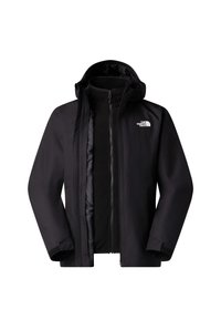 Sort to-lags The North Face jakke med lynlås foran, hætte og velcrolukninger ved håndleddene, vist åben for at afsløre det indvendige fleece-lag.