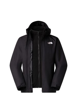 Czarna dwuwarstwowa kurtka The North Face z zamkiem z przodu, kapturem i rzepami na nadgarstkach, pokazana otwarta, odsłaniająca wewnętrzną warstwę z polaru.