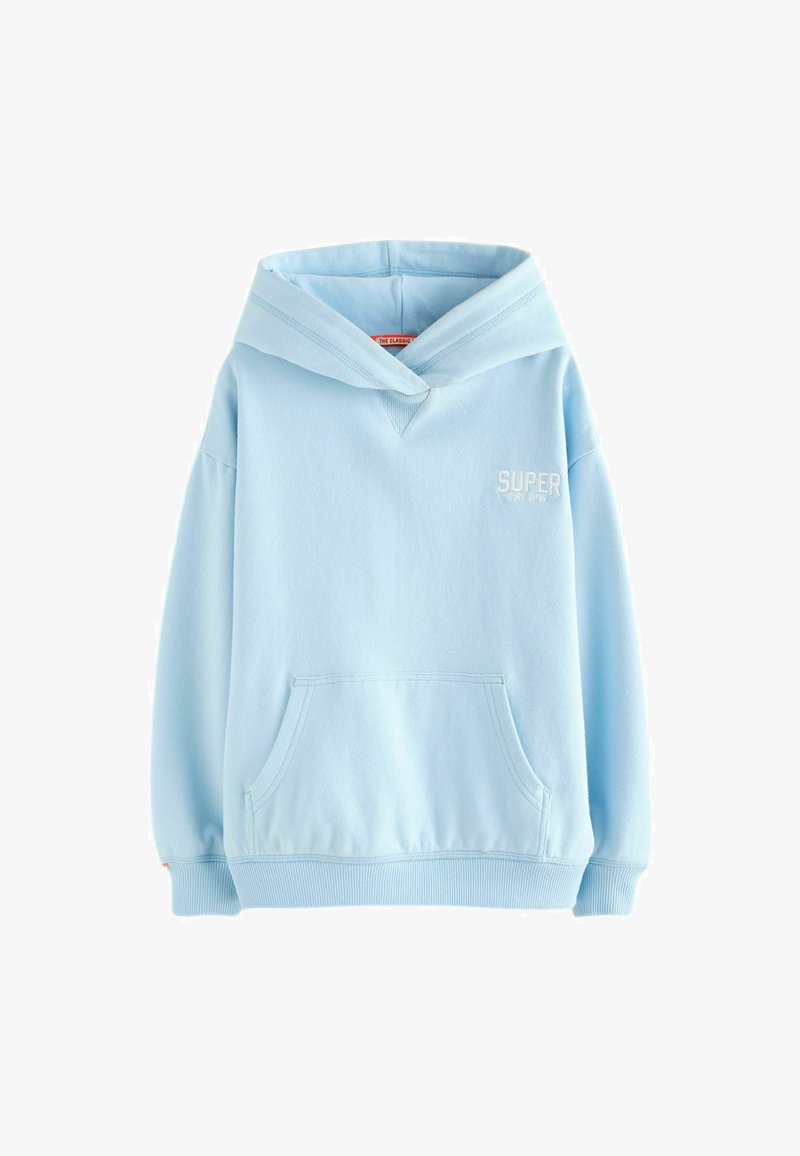 Felpa blu in cotone con tasca frontale, polsini e fondo a coste. Presenta un logo bianco "SUPER" sul petto. Design standard del cappuccio.