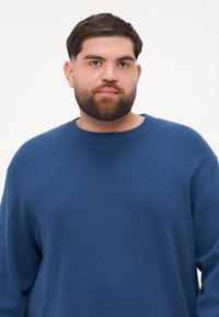 Pull en tricot bleu avec un col rond, présentant un motif texturé et une coupe décontractée. Design simple sans embellissements visibles.