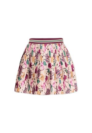Plissérok met een meerkleurig geometrisch en bloemmotief in roze, groen en beige, met een gestreepte elastische tailleband.