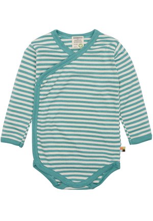 Babygrow a maniche lunghe a righe turchesi e bianche con design avvolgente, chiusure a scatto e una morbida trama di cotone.