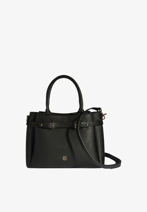 Sac à main en cuir texturé noir avec double anse, une sangle à boucle sur le dessus et une bandoulière réglable.