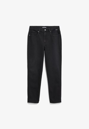 Black denim jeans with a straight-leg design, featuring five pockets, a zip fly, and subtle stitching details. Smooth texture.