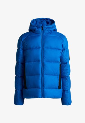 Kind met gevlochten haar, gekleed in een blauwe gewatteerde jas, grijze joggingbroek met zijzak en witte sneakers, staand tegen een effen achtergrond.