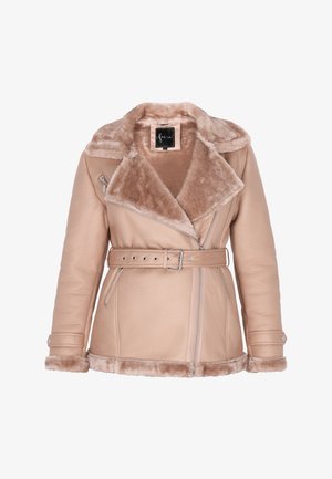 Brown faux leather jacket with a shearling collar, belted waist, side zip pockets, textured finish, and plush lining along the cuffs and hem.