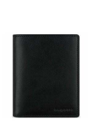Schwarze Lederbörse mit glatter Textur und minimalistischer Gestaltung. Verfügt über dezente Markenkennzeichnung in der unteren rechten Ecke und gestickte Kanten.