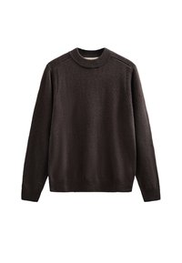 Maglione lavorato a maglia color marrone scuro con scollo rotondo, polsini e orlo a costine; presenta un tessuto testurizzato con una finitura morbida.