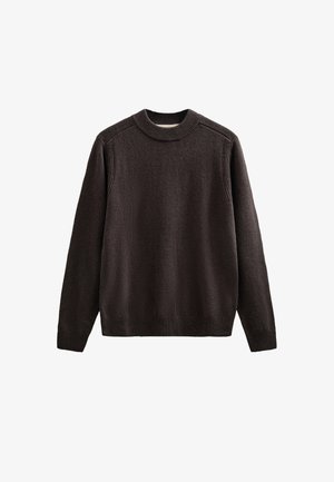 Maglione lavorato a maglia color marrone scuro con scollo rotondo, polsini e orlo a costine; presenta un tessuto testurizzato con una finitura morbida.