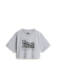 Gray cropped t-shirt with short sleeves, featuring a graphic of tigers and text "BRIGHT FUTURE" in black ink, made of soft cotton material.
