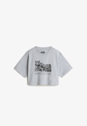 Camiseta corta gris con mangas cortas, con un gráfico de tigres y el texto "FUTURO BRILLANTE" en tinta negra, fabricada en suave algodón.
