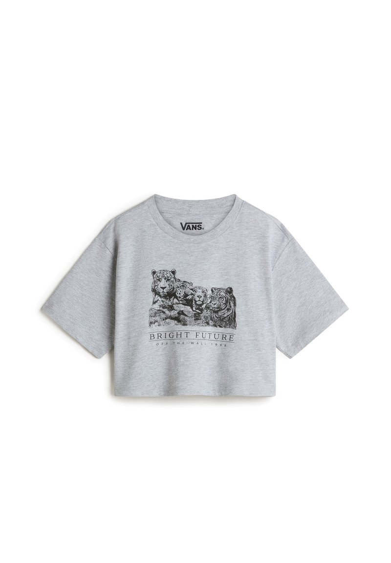 Gray cropped t-shirt with short sleeves, featuring a graphic of tigers and text "BRIGHT FUTURE" in black ink, made of soft cotton material.