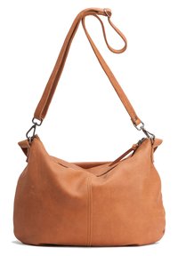 Tan leather shoulder bag with a slouchy silhouette, featuring a long strap, a zip closure, and subtle stitching details.