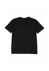 Schwarzes Kurzarm-T-Shirt aus Baumwolle. Verfügt über einen Rundhalsausschnitt und eine schlichte, glatte Textur ohne erkennbare Muster oder Akzente.