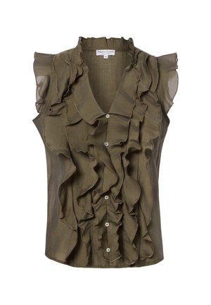 Ärmellose olivgrüne Bluse mit Rüschen vorne, kleinen Knöpfen und hohem Rüschenkragen.