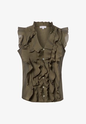 Ärmellose olivgrüne Bluse mit Rüschen vorne, kleinen Knöpfen und hohem Rüschenkragen.
