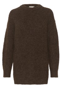 Brun stickad tröja med rund halsringning, avslappnad passform och långa ärmar. Mjuk, fluffig textur med en något oversized design.