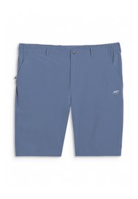 Shorts décontractés bleus avec poches avant, passants pour ceinture et fermeture par bouton, avec un petit logo "4F" sur la jambe droite.