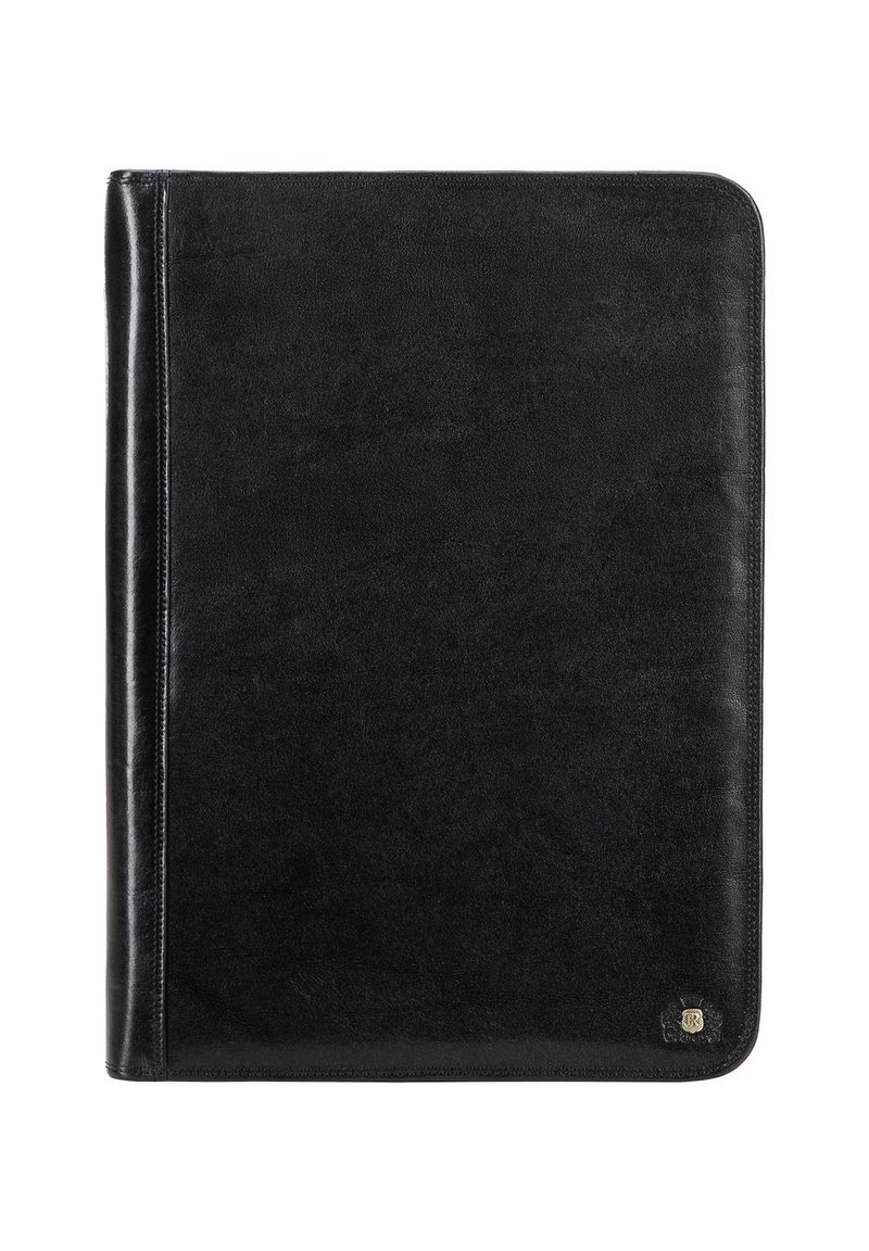Černé kožené portfolio s hladkým povrchem, zaoblenými rohy a malým zlatým emblémem v pravém dolním rohu. Minimalistický design.