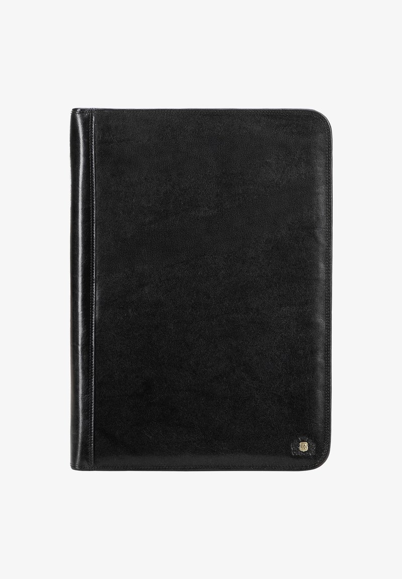 Portfolio in pelle nera con una superficie liscia, angoli arrotondati e un piccolo emblema dorato in basso a destra. Design minimalista.