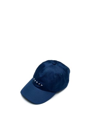Cappellino da baseball blu navy con caratteri giapponesi ricamati in bianco sul davanti, mostrato su sfondo bianco.