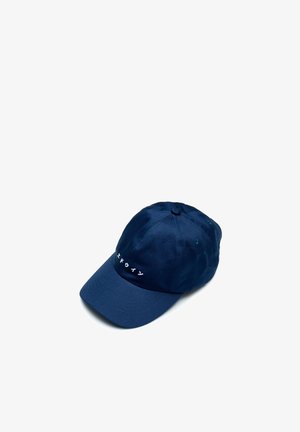 Cappellino da baseball blu navy con caratteri giapponesi ricamati in bianco sul davanti, mostrato su sfondo bianco.