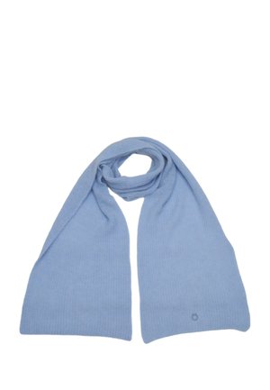 Scarf in maglia azzurro chiaro con texture a coste, caratterizzato da un discreto dettaglio con logo. Tessuto morbido, forma allungata adatta per essere avvolta o drappeggiata.