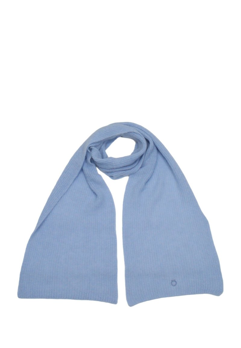 Scarf in maglia azzurro chiaro con texture a coste, caratterizzato da un discreto dettaglio con logo. Tessuto morbido, forma allungata adatta per essere avvolta o drappeggiata.
