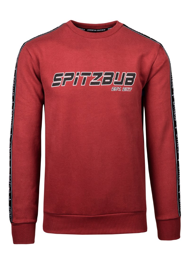 Red sweatshirt made of cotton with a crew neckline. Features black accents on sleeves and "SPITZBUB EST. 2017" printed on the front.