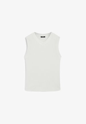 Biała bezrękawnik z dekoltem w serek, wykonany z gładkiego materiału. Charakteryzuje się prostym wzorem bez widocznych wzorów czy ozdób.