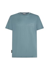 Light blue T-shirt made of textured fabric, featuring a simple white outline of a tent and fire design on the front. Tag on the side.
