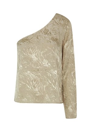 Haut beige à une épaule avec un motif floral texturé, à manches longues et à coupe décontractée. Fabriqué en tissu doux et léger.