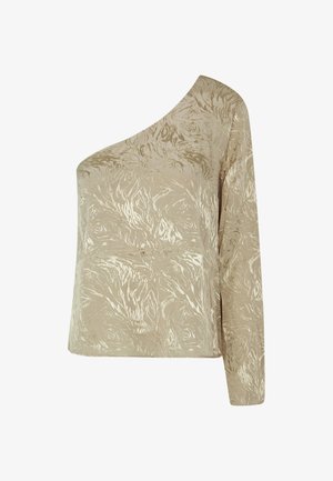 Top beige de un solo hombro con un patrón floral texturizado, de manga larga y corte relajado. Confeccionado en una tela suave y ligera.