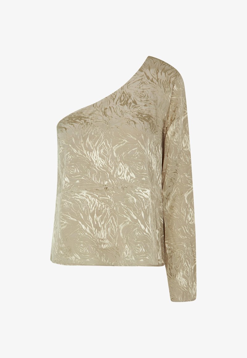 Haut beige à une épaule avec un motif floral texturé, à manches longues et à coupe décontractée. Fabriqué en tissu doux et léger.