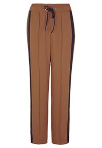 Bruna träningsbyxor med avslappnad passform, med dragsko i midjan och marinblå sidostråk. Slät tyg med plisserade detaljer.