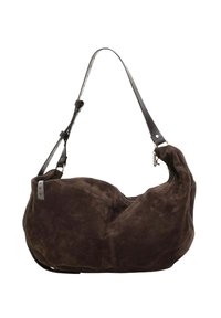 Borsa a tracolla in suede marrone con una forma morbida e rotonda, chiusura con cerniera e una lunga tracolla in pelle regolabile. Presenta accenti argentati.