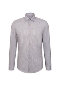 Camicia da uomo a maniche lunghe con motivo a scacchi grigi e bianchi, colletto a punta e chiusura con bottoni su sfondo bianco.