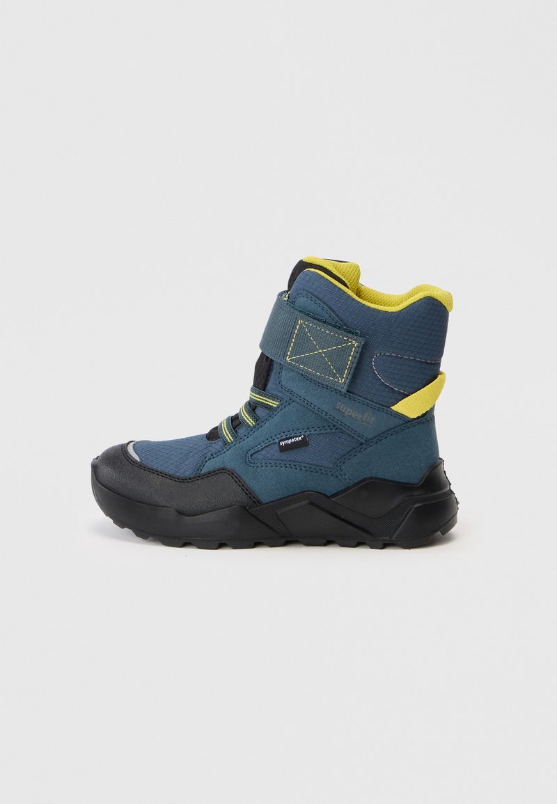 Blue and yellow high-top winter boot with black sole, Velcro strap, and lace details, designed for outdoor cold weather use.