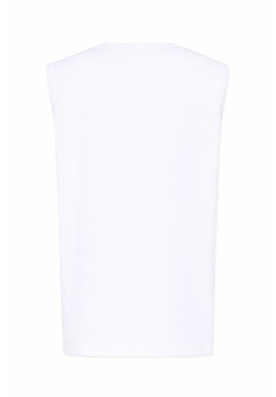 Chemise blanche unie sans manches avec un col rond, vue de dos sur un fond blanc.