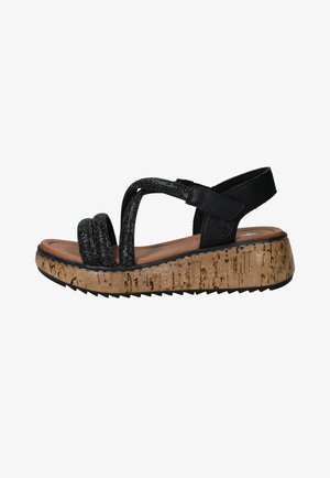 Sandale noire à brides avec brides avant pailletées, bride arrière réglable, semelle intérieure rembourrée et semelle plateforme texturée liège avec semelle crantée.