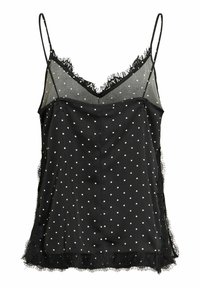 Caraco en satin noir avec des pois blancs, bordure en dentelle transparente sur le haut et les côtés, et fines bretelles réglables.